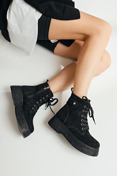 Hayalimdeki Ayakkabı Γυναικείες μπότες με κορδόνια με φερμουάρ στο πλάι Μαύρη θερμοαντιολισθητική σόλα