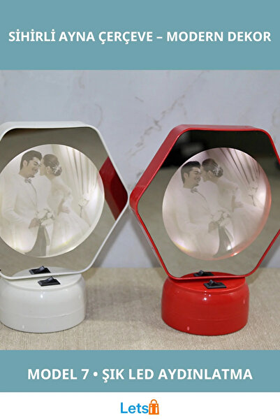 Letsii إطار مرآة سحري بإضاءة LED بتصميم عصري باللون الأبيض والأحمر