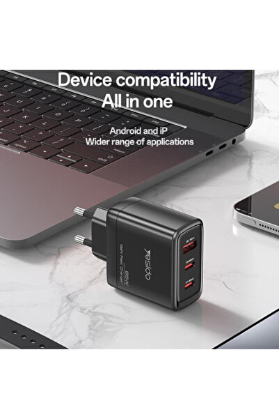 Yesido 3-port GaN 65W wall charger, YC144, black