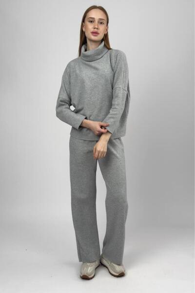 Betimoda Women's High-Necked Knitwear Sweater Pants Set Gray