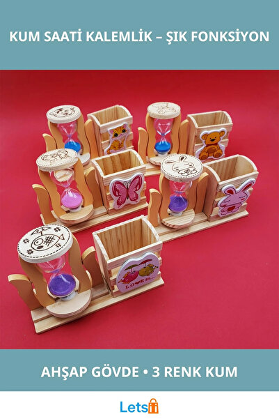 Letsii ساعة رملية خشبية مع حامل أقلام وصندوق وثلاثة ألوان من الرمل