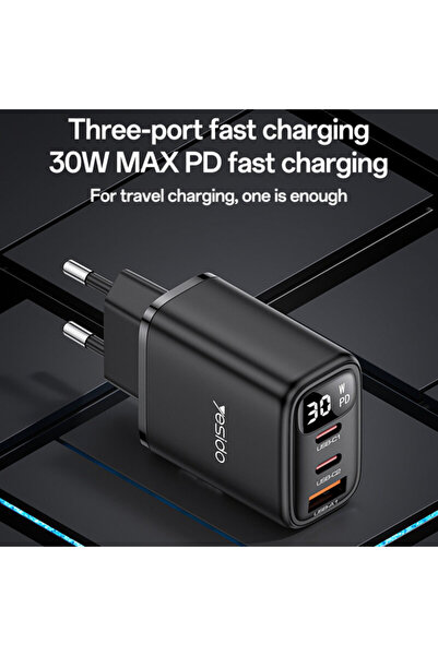 Yesido USB Wall Charger, Type-C 3-in-1 with display Yesido, 30W, YC69