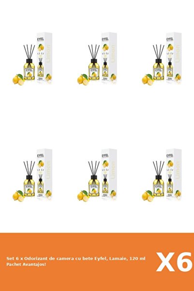 Eyfel Set 6 x Odorizant de camera cu bete Eyfel, Lamaie, 120 ml