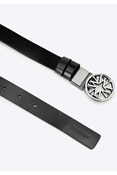 Wittchen Curea din piele pentru femei cu cataramă cu monogramă, piele neagră