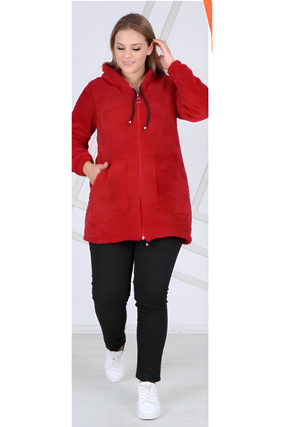 BİrHoşButik Plus Size Full Lycra Soft Pocketed Hooded Lace-Up Zippered Winter Trend Plush Fleece Cardigan