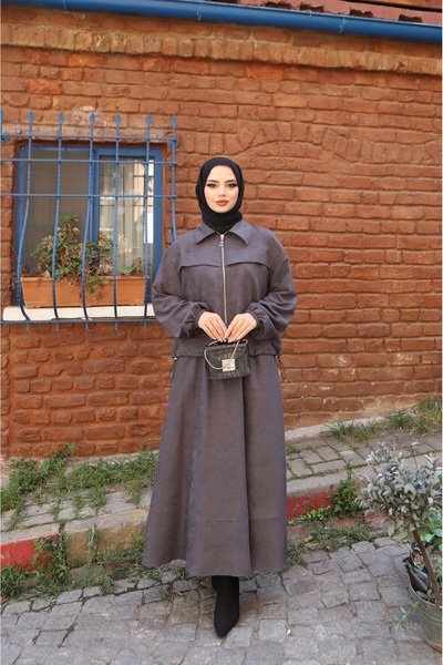 NİSUM MODA Suede Suit with Zippered Skirt