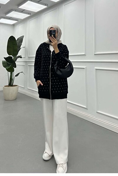 Pardesü Dünyası Taşlı Fermuarlı Şardonlu Sweat Siyah