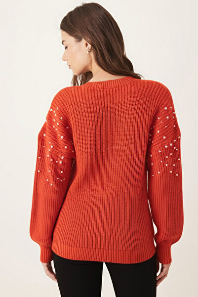 armonika Women's Orange V-Neck Pearl Knitwear Sweater Arm-26K136036