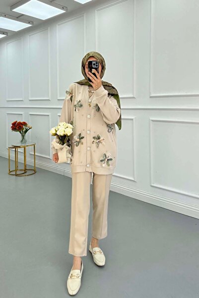 Pardesü Dünyası Tül Çiçekli Taşlı Hırka Bej