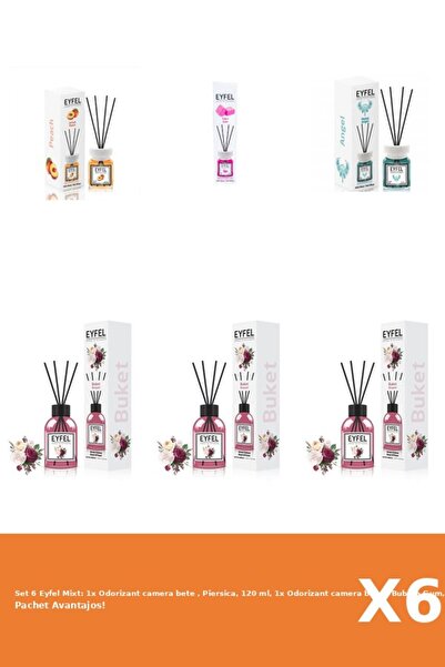 Eyfel Set 6 Mixt: 1x Odorizant camera bete , Piersica, 120 ml, 1x Odorizant camera bete , Bubble Gum