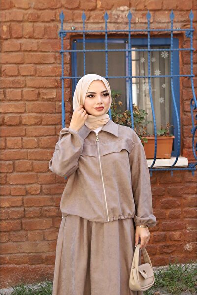 NİSUM MODA Suede Suit with Zippered Skirt