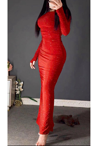 MODA Yeni sezon ithal ful likralı kumaş taş detaylı uzun elbise