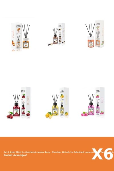 Eyfel Set 6 Mixt: 1x Odorizant camera bete , Piersica, 120 ml, 1x Odorizant camera bete , Vanilie, 1
