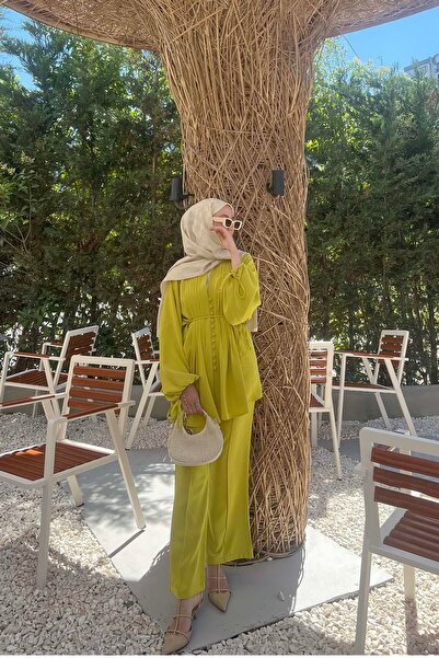 Pardesü Dünyası Düğme Detaylı Piliseli Takım Hardal Sarı