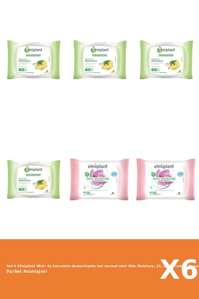 ELMIPLANT Set 6 Mixt: 4x Servetele demachiante ten normal mixt Skin Moisture,...