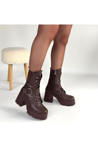 Zerenyus Linma Premium Brown Wedge Heeled Lace-Up Boots