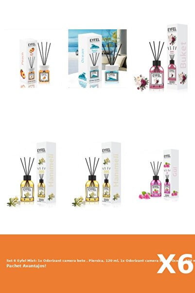 Eyfel Set 6 Mixt: 1x Odorizant camera bete , Piersica, 120 ml, 1x Odorizant camera bete , Ocean, 120