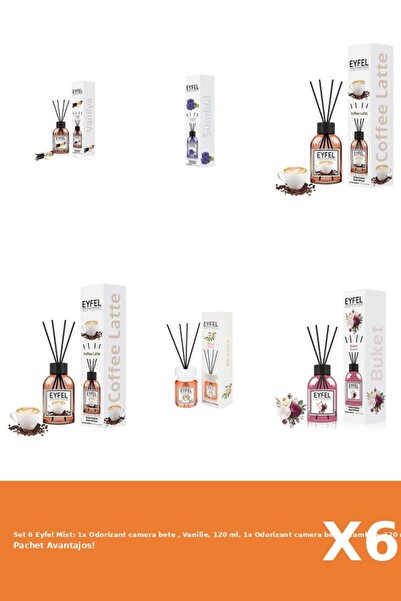 Eyfel Set 6 Mixt: 1x Odorizant camera bete , Vanilie, 120 ml, 1x Odorizant camera bete , Zambile, 12