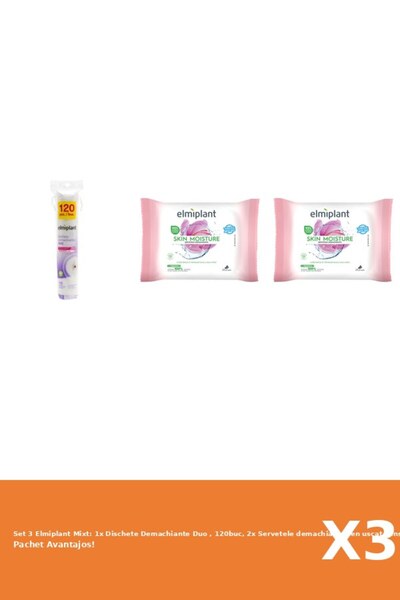 ELMIPLANT Set 3 Mixt: 1x Dischete Demachiante Duo , 120buc, 2x Servetele demachiante ten uscat sensi