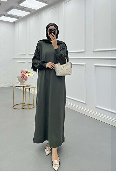 Pardesü Dünyası Yaka ve Kolları Simli Triko Elbise Haki