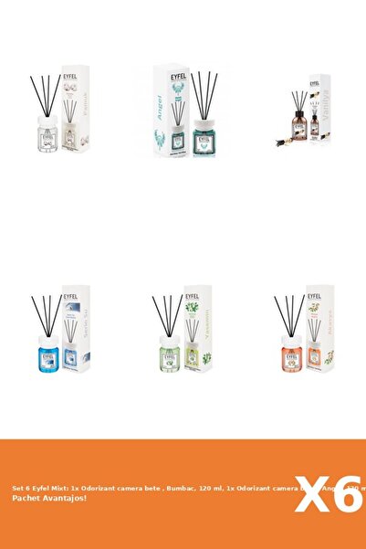 Eyfel Set 6 Mixt: 1x Odorizant camera bete , Bumbac, 120 ml, 1x Odorizant camera bete , Angel, 120 m
