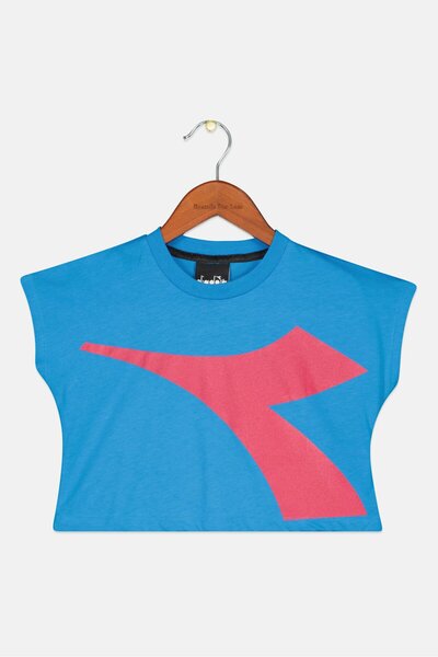 Diadora بلوزة بطبعة جرافيكية بأكمام قصيرة للبنات الصغار، أزرق/وردي