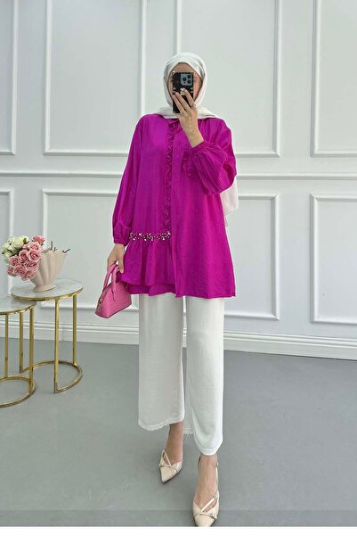 Pardesü Dünyası Önü Fırfırlı Taş Detaylı Gömlek Fuşya
