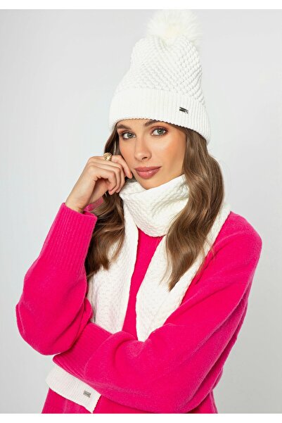 Wittchen Women's Bubble Weave Hat with Pompom White Acrylic