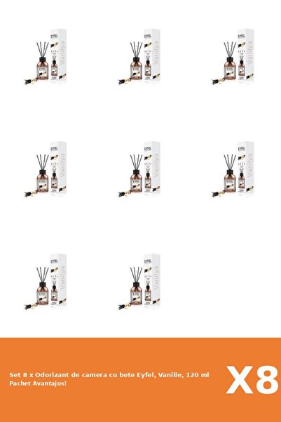 Eyfel Set 8 x Odorizant de camera cu bete Eyfel, Vanilie, 120 ml