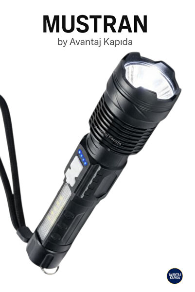 Mustran Şarjlı Etc 48000 lümen Taktik El Feneri–Zoom Odak 6 Mod LED+COB,Palas...