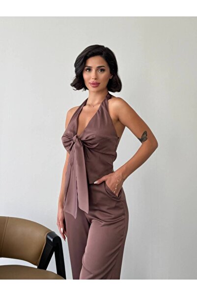 Misscix Kadın Halter Yaka Önden Düğmeli Önden Bağlama Detaylı Sırt Dekolteli ...