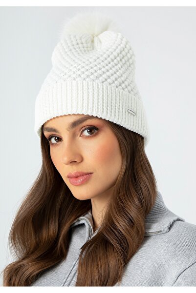 Wittchen Women's Bubble Weave Hat with Pompom White Acrylic