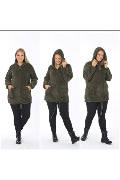 BİrHoşButik Plus Size Full Lycra Soft Pocketed Hooded Lace-Up Zippered Winter Trend Plush Fleece Cardigan