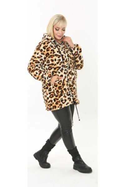 BİrHoşButik Plus Size Full Lycra Soft Pocketed Hooded Lace-Up Zippered Winter Trend Plush Fleece Cardigan