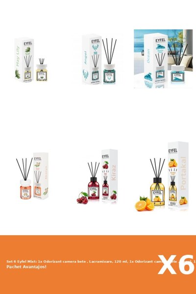 Eyfel Set 6 Mixt: 1x Odorizant camera bete , Lacramioare, 120 ml, 1x Odorizant camera bete , Angel,