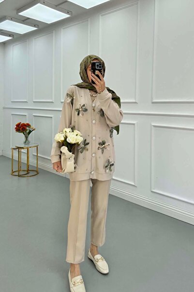 Pardesü Dünyası Tül Çiçekli Taşlı Hırka Bej