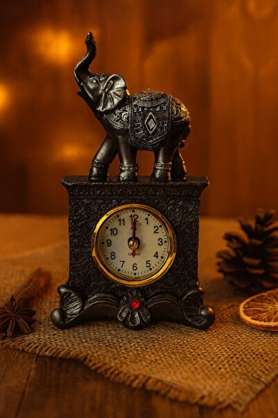 HediyeFilesi Dekoratif Gri Fil Figürlü Masa Saati – 19 cm | Şık Ev & Ofis Aks...