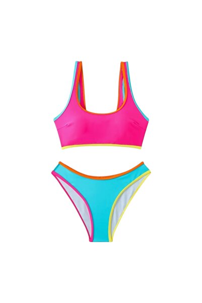 Valoria Stil Kadın Neon Renk Bloklu Bikini Takımı - Pembe Mavi Turuncu