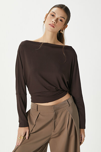 Ritnice Women's Grace Asymmetrical Shoulder Detail Brown Blouse