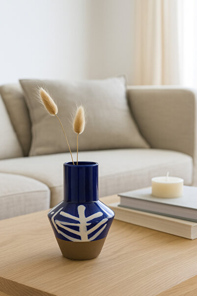 MARIA HOMES مزهرية خزفية باللونين الأزرق الداكن والأبيض - مزهرية زخرفية هندسي...