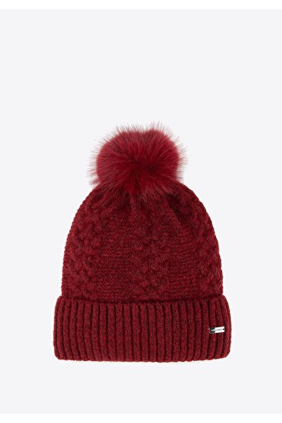 Wittchen Women's delicately knitted hat with pompom, burgundy, burgundy acrylic