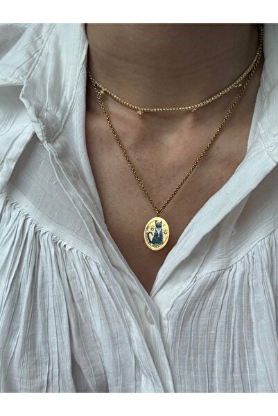 STOLIA 316L ÇELİK ZİRKON DETAYLI KEDİ BASKILI MADALYON KOLYE