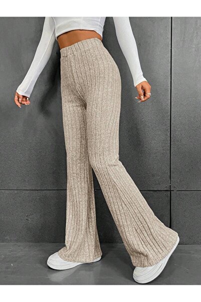 Wild Flower Γυναικείο Μπεζ κοτλέ Πλεκτό Ψηλόμεσο καμπάνα Παντελόνι