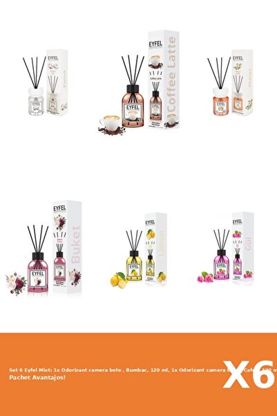 Eyfel Set 6 Mixt: 1x Odorizant camera bete , Bumbac, 120 ml, 1x Odorizant camera bete , Cafea, 120 m