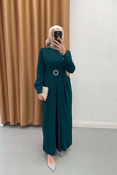 Pardesü Dünyası Kemerli Piliseli Elbise Zümrüt Yeşili