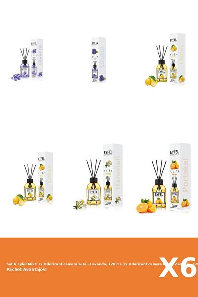 Eyfel Set 6 Mixt: 1x Odorizant camera bete , Lavanda, 120 ml, 1x Odorizant camera bete , Zambile, 12