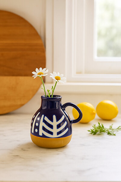 MARIA HOMES إبريق خزفي أزرق داكن وأبيض - مزهرية هندسية مزخرفة مصنوعة يدويًا