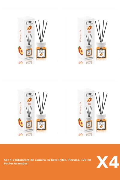 Eyfel Set 4 x Odorizant de camera cu bete Eyfel, Piersica, 120 ml