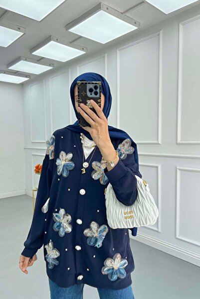 Pardesü Dünyası Tül Çiçekli Taşlı Hırka Lacivert