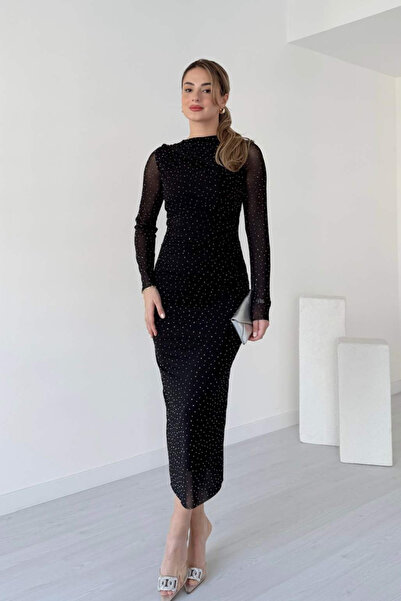 MOZENA Taşlı Drapeli Midi Boy Tül Elbise